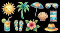 Summer beach clipart set with sun, palm tree, umbrella, sunglasses, shell, towel, drink, flip flops, flower and hat, isolated on transparent background for stickers, t-shirts, print on demand.