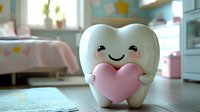 Smiling white ceramic tooth figurine holding pink heart on wooden surface against blurred pastel interior background. Dental care concept for children.