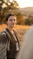 Young woman in traditional embroidered vest smiling warmly during golden hour sunset on rural road with mountains and trees in soft focus background.