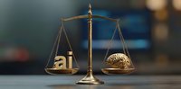 Golden brass scales of justice balancing AI letters against human brain on wooden surface with blurred background for legal technology concepts.