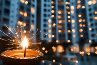 Glowing sparkler in clay diya lamp against blurred bokeh city lights background creates festive Diwali atmosphere. Traditional Indian celebration mood.