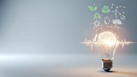 Glowing light bulb with eco-friendly icons and energy wave pattern representing sustainable innovation and green technology solutions for environmental progress.
