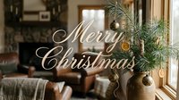 Merry Christmas greeting card with cozy rustic living room, pine branches in vase, golden ornaments, and warm fireplace in background.