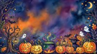 Spooky Halloween night scene with glowing jack-o-lanterns, witches, ghosts, cauldron, bare trees, crescent moon, stars, and magical atmosphere for seasonal designs.