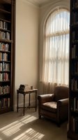 Cozy reading corner with leather armchair and wooden side table in elegant home library with floor-to-ceiling bookshelves and arched window with natural light.