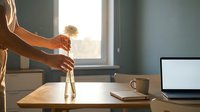 Woman hands arranging dried flowers in glass vase on wooden desk near laptop in modern home office workspace with natural sunlight streaming through window.