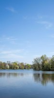 Tranquil lake with calm water reflecting blue sky and white clouds, surrounded by lush green trees in spring, peaceful natural landscape for relaxation.