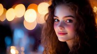 Young woman with curly hair in warm evening light with bokeh background for lifestyle and portrait photography projects.
