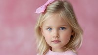 Young blonde girl with bright blue eyes wearing pink bow and matching outfit against soft pink background, gentle natural lighting creates dreamy portrait mood.