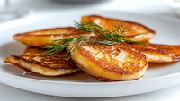 Pan seared scallops garnished with fresh dill on white plate, golden brown caramelized surface showing professional culinary technique, macro food photography.