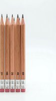 Five wooden pencils with pink erasers arranged in row showing different hardness grades from 2H to 6B on white background for office and school supplies.