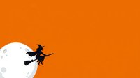 Silhouette of witch flying on broomstick past full moon against orange sky, suitable for Halloween designs, greeting cards, and seasonal marketing materials.