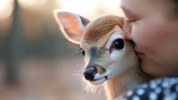 Young fawn receiving gentle kiss on head, close-up portrait showing tender connection between human and baby deer with soft bokeh background.