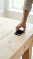 Man sanding wooden surface with electric sander, wearing beige shirt in bright workshop. Woodworking, home renovation, carpentry, DIY project.