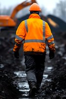 Construction worker in high visibility orange safety jacket and hard hat walking through muddy site with excavator in background during overcast day.