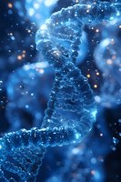 Glowing DNA helix structure in deep blue with light particles and bokeh effects against dark background, representing genetic research and biotechnology advancement.