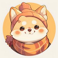 Adorable kawaii shiba inu puppy wearing winter hat and scarf, with rosy cheeks against orange circle background. Cartoon style illustration for stickers and prints.
