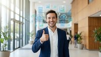Confident businessman giving thumbs up in modern office with digital technology icons representing data analytics and cloud computing solutions.