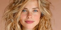 Young blonde woman with wavy hair and blue eyes smiling at camera against warm beige background for beauty and lifestyle content.