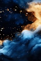 Cosmic nebula with golden and blue clouds swirling through deep space, stars scattered across dark background creating mystical celestial atmosphere.