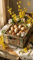 Rustic wooden crate filled with decorated Easter eggs, spring flowers and nest for seasonal holiday celebration and home decoration.