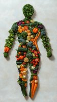 Human silhouette made of fresh vegetables and fruits on white background. Creative healthy eating concept for nutrition and wellness lifestyle.
