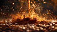 Hot coffee pouring into ground coffee beans creating dynamic splash with golden bokeh effect, dramatic food photography perfect for cafe marketing and beverage advertising.