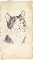 Vintage sketch of a content tabby cat with closed eyes and purple watercolor accents on aged paper background. Suitable for pet-themed designs, greeting cards, and wall art.