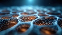 Microscopic view of graphene atomic structure with glowing blue light effect and hexagonal carbon lattice pattern on dark background. Scientific nanotechnology concept.