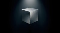 Metallic silver cube floating in dark dramatic space with spotlight illumination, showcasing geometric precision and modern minimalist design.
