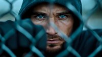 Intense close-up portrait of hooded man with piercing blue eyes seen through chain link fence, dramatic lighting creates mysterious atmosphere. For book cover or editorial use.