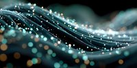 Abstract flowing blue waves with sparkling water droplets and bokeh lights against dark background, creating elegant motion effect.