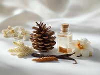 Natural spa composition with pine cone, essential oil bottle, vanilla pods, and white orchid on soft fabric background for wellness treatments.