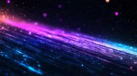 Cosmic horizon with glowing purple and blue light streaks against starry night sky, magical particles floating in space creating ethereal atmosphere.