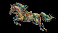 Ornate carousel horse with flowing mane and tail, decorated in vibrant gold, teal, and red patterns. Isolated on transparent background, ready for t-shirts, clipart, stickers, sublimation, and print-on-demand designs.