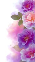 Delicate pink and purple floral arrangement with soft petals and green leaves on blurred background, featuring romantic blooms with golden stamens. Suitable for cards.