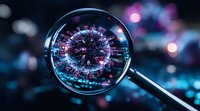 Magnifying glass revealing detailed virus structure with glowing pink and blue particles against dark background, scientific research concept.
