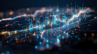 Digital financial data visualization with glowing charts and graphs showing market trends and analytics on dark background with bokeh lights.