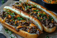 Juicy cheesesteak sandwiches loaded with tender shaved beef, melted cheddar cheese, caramelized onions and fresh parsley on toasted hoagie rolls, served on parchment paper.