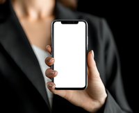 Close-up of business person in formal suit holding smartphone with blank white screen against dark background, perfect for app or website mockup.
