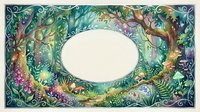 Enchanted forest frame with magical trees, flowers and mystical creatures surrounding blank oval space for text or design elements.