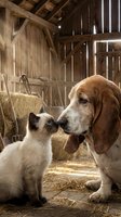 Dog and cat touching noses in rustic barn setting with hay and wooden beams, depicting friendship and companionship between pets in agricultural environment.