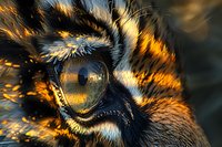 Extreme macro photography of tiger eye with detailed iris pattern, golden fur texture and intricate eyelashes in dramatic lighting. Wildlife close-up art.