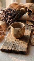 Rustic ceramic cup on weathered wooden board with dried lavender bundle and burlap sack, warm natural lighting for home decor and wellness styling.