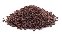 Pile of dark chocolate chips scattered on white background, isolated baking ingredient for cookies and desserts, ready for design use in culinary projects.