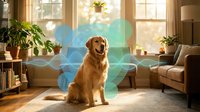 Golden retriever sitting in sunlit living room with holographic wellness symbols floating in air, representing pet health and digital veterinary care.