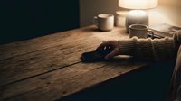 Person in warm sweater holding gun on wooden desk with lamp and mug, suitable for crime thriller, mystery, or noir-themed designs and publications.