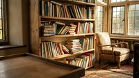 Cozy home library corner with wooden bookshelves filled with books, comfortable reading chair and natural window light creating warm scholarly atmosphere.