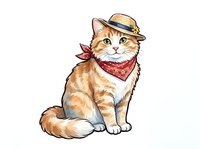 Ginger and white cat wearing straw hat and red bandana, sitting pose, isolated on white background, suitable for t-shirt design, clipart, and children's illustrations.