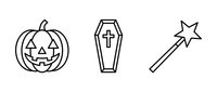 Halloween line art icons set with jack-o-lantern pumpkin, coffin with cross and magic wand isolated on white background for spooky seasonal designs.